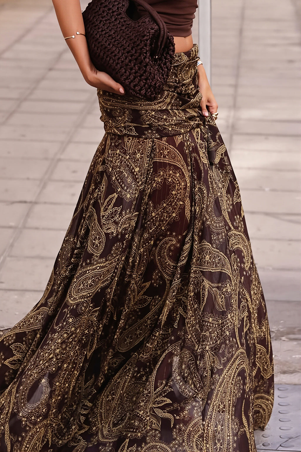 Detail of the boho brown paisley print maxi skirt