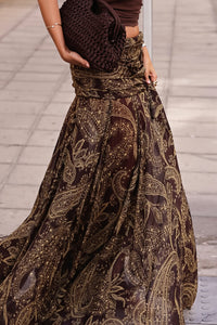 Detail of the boho brown paisley print maxi skirt