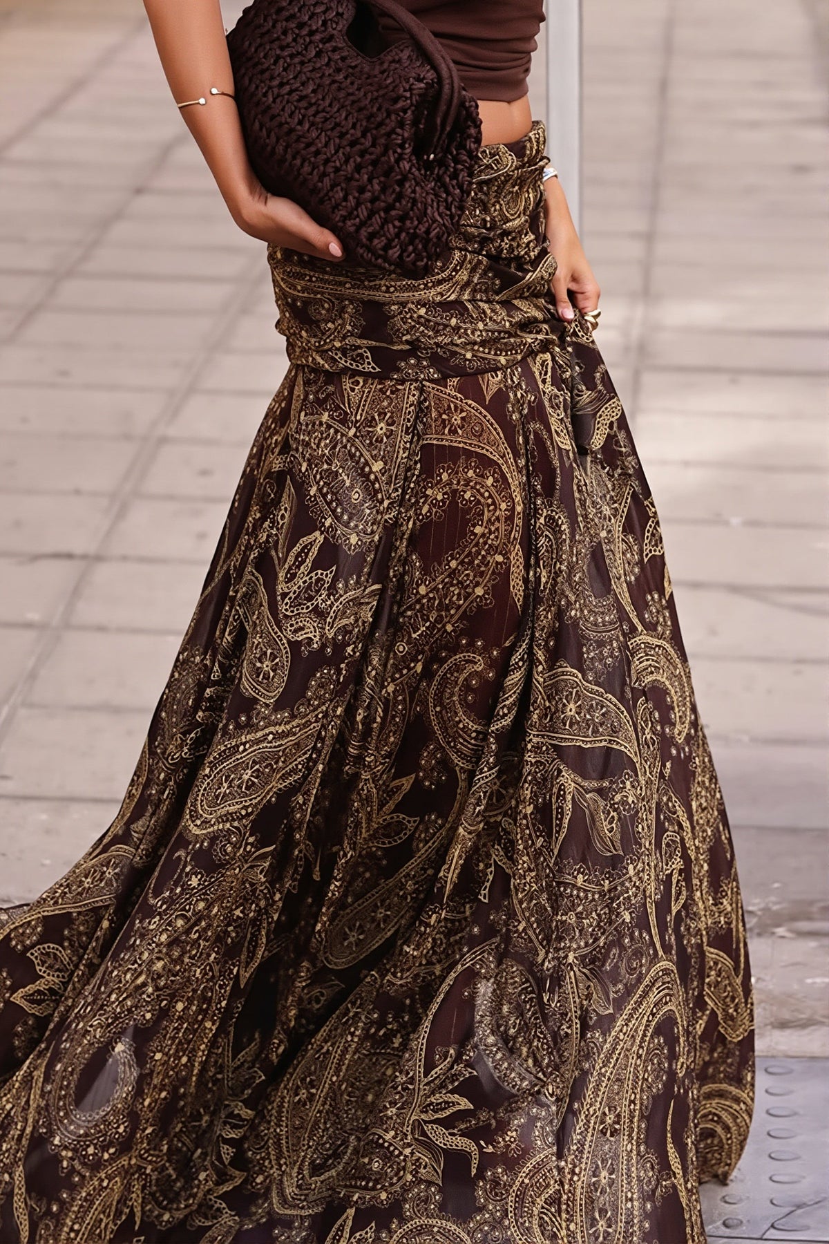 Detail of the boho brown paisley print maxi skirt