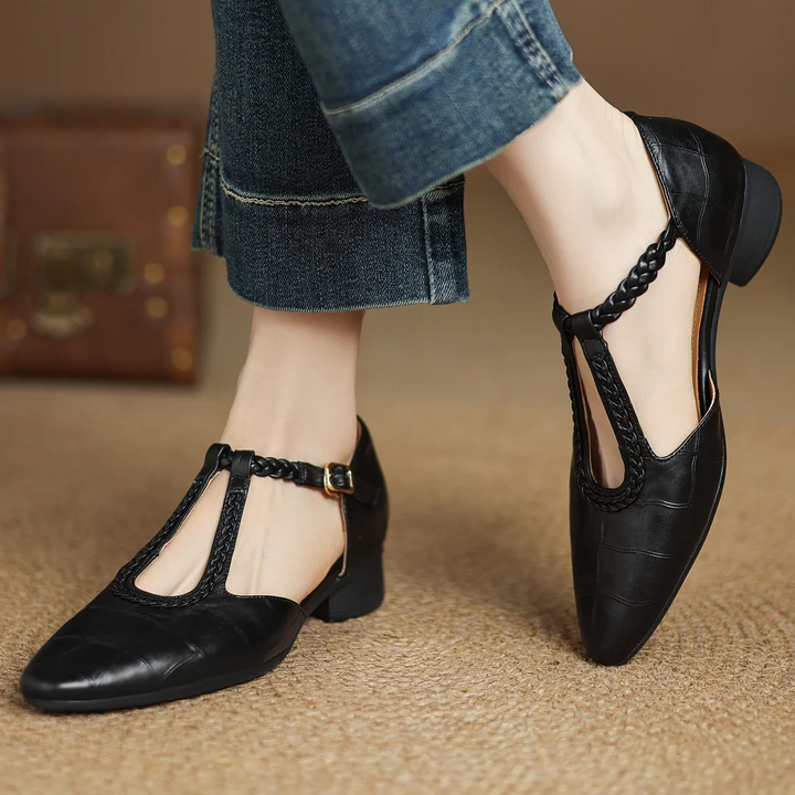 Margot - Leather T-Strap Mary Jane Flats Pointed Toe Flat