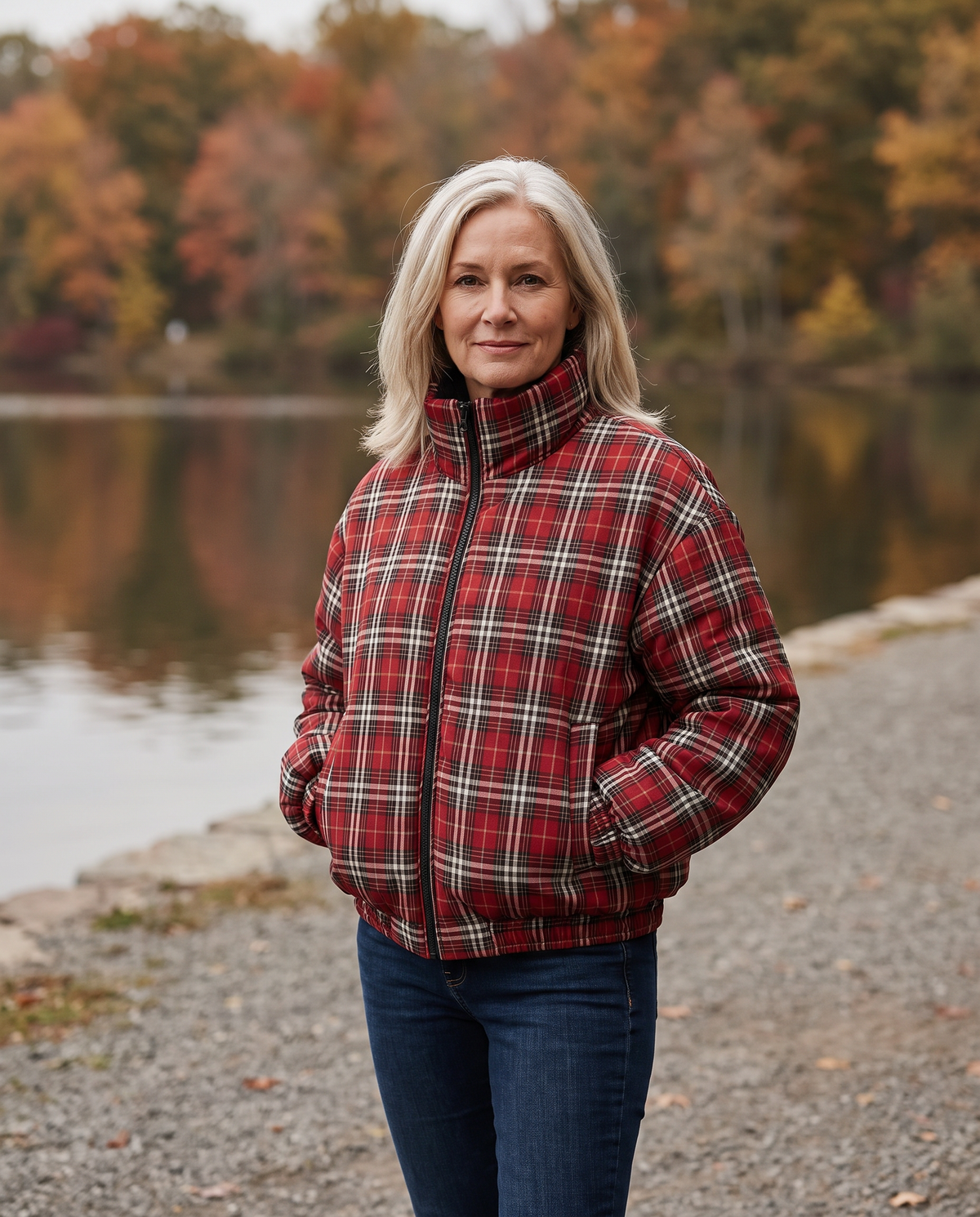 Vintage Double-Sided Puffer Jacket, red plaid side, front view