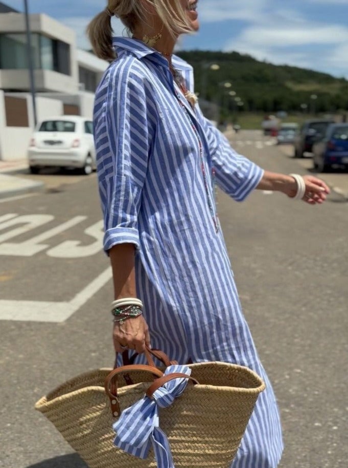 Lisa -  Classic Striped Lace-Up Shirt Dress