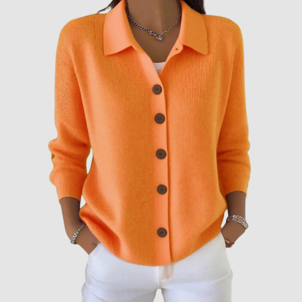 Woman wearing the alexandra button-up knit cardigan