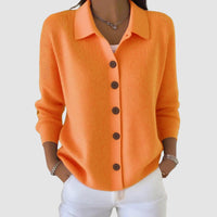 Woman wearing the alexandra button-up knit cardigan