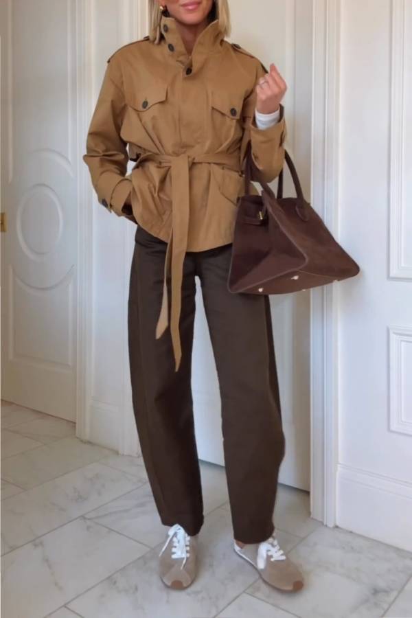 Camel tie waist short trench coat - view 1
