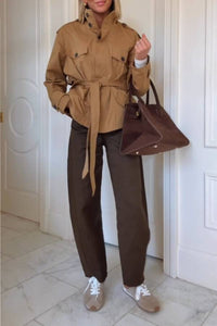 Camel tie waist short trench coat - view 1