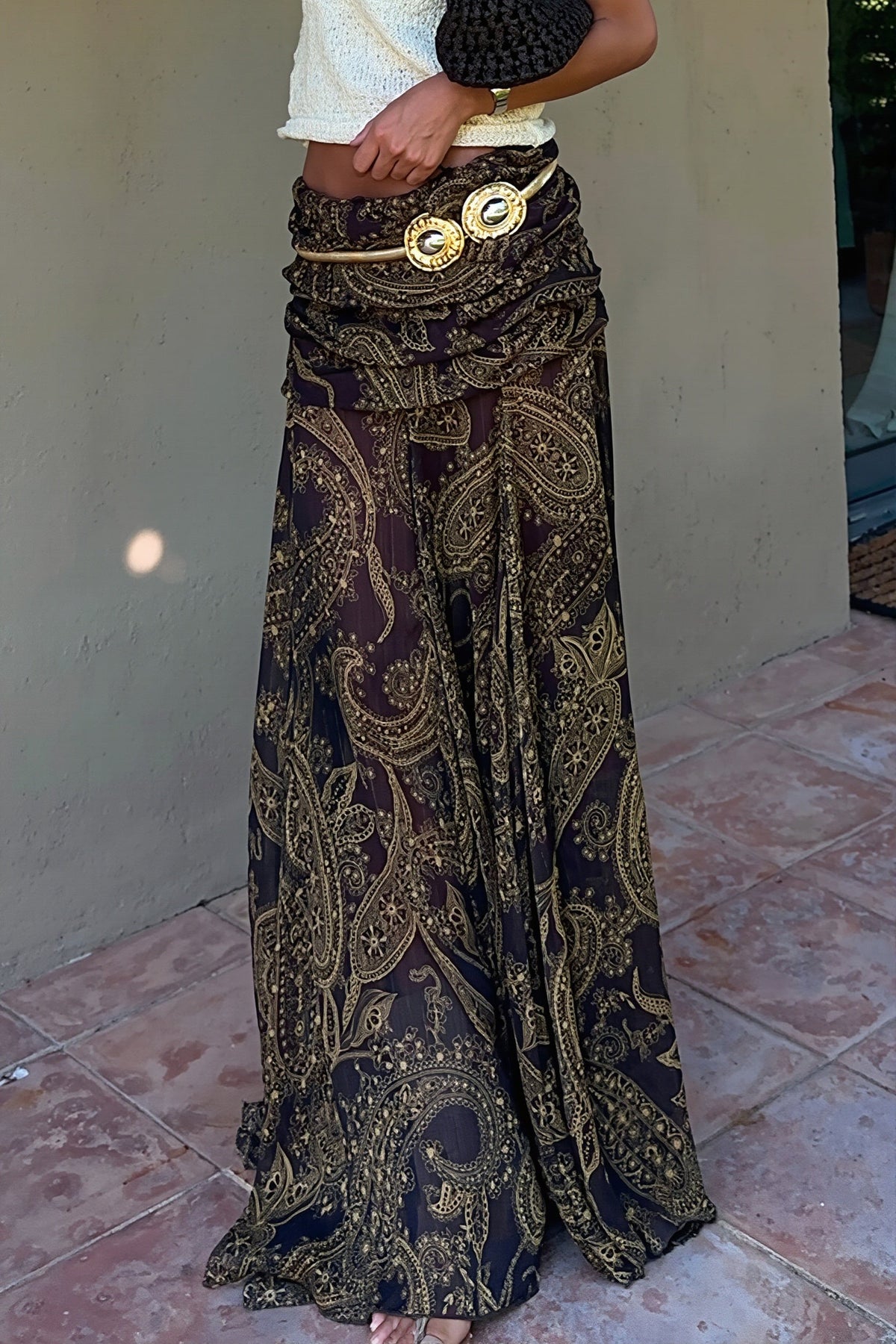 Styled look with the boho brown paisley print maxi skirt