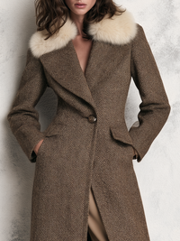 Styled look with the herringbone wool blend long coat with faux fur collar