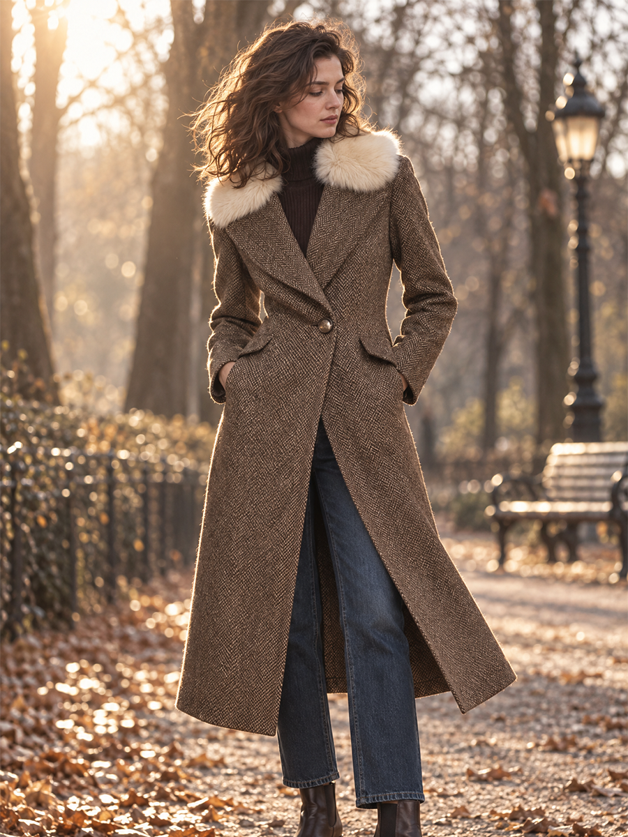 Front view of the herringbone wool blend long coat with faux fur collar