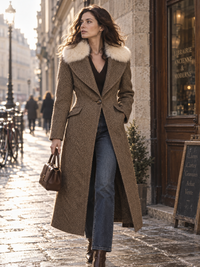 Back view of the herringbone wool blend long coat with faux fur collar