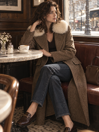 Detail of the herringbone wool blend long coat with faux fur collar