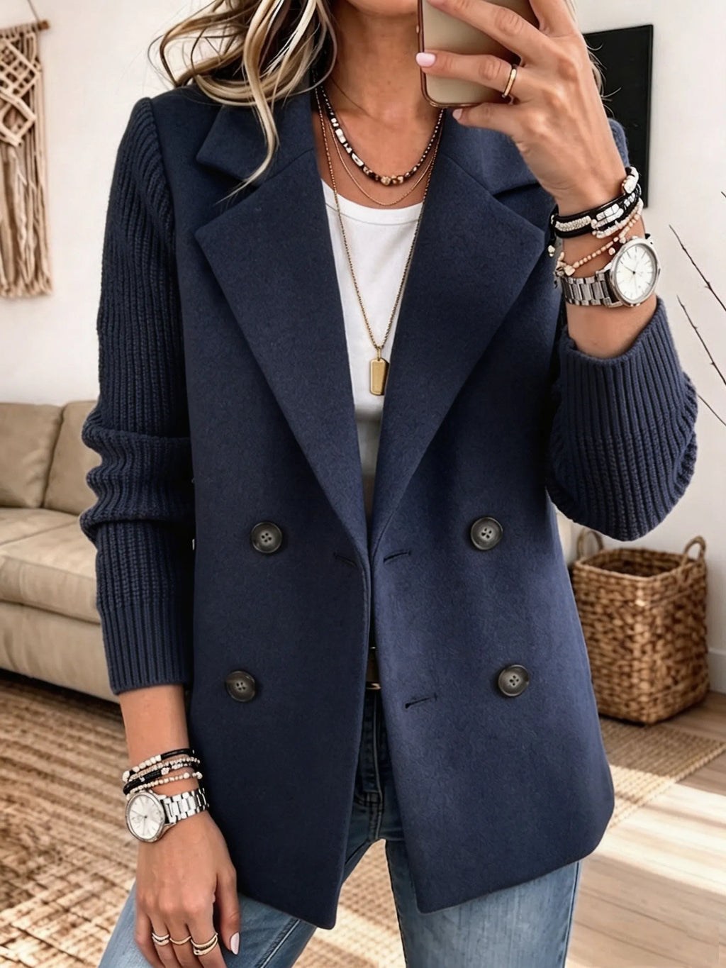Knit-Sleeve Double-Breasted Blazer – Susan & Anne