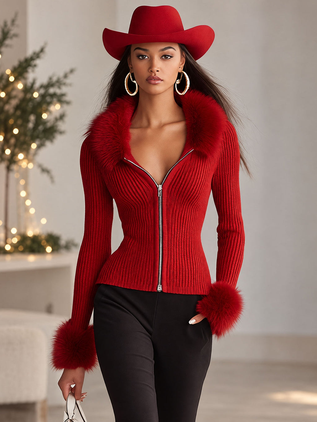 Front view of the lapel zipper faux fur collar knitted cardigan