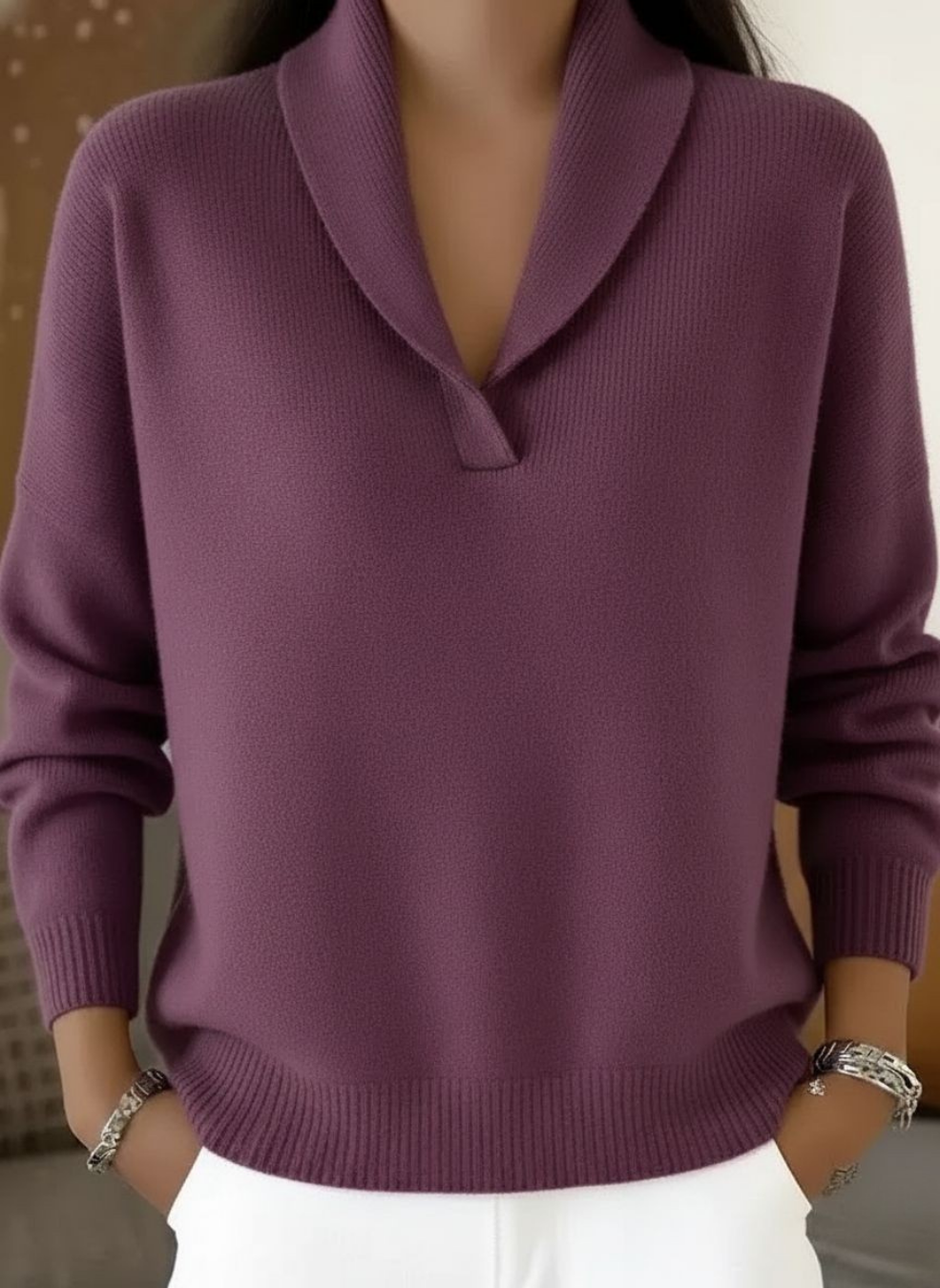 Draped Shawl Collar V-Neck Sweater - Susan & Anne