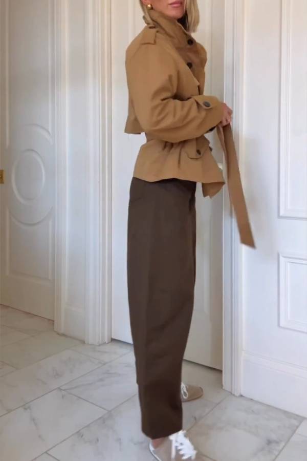 Camel tie waist short trench coat - view 4