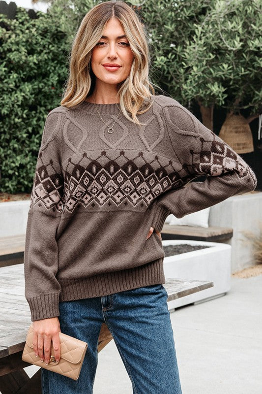 Western Geometric Crew Neck Knitted Sweater