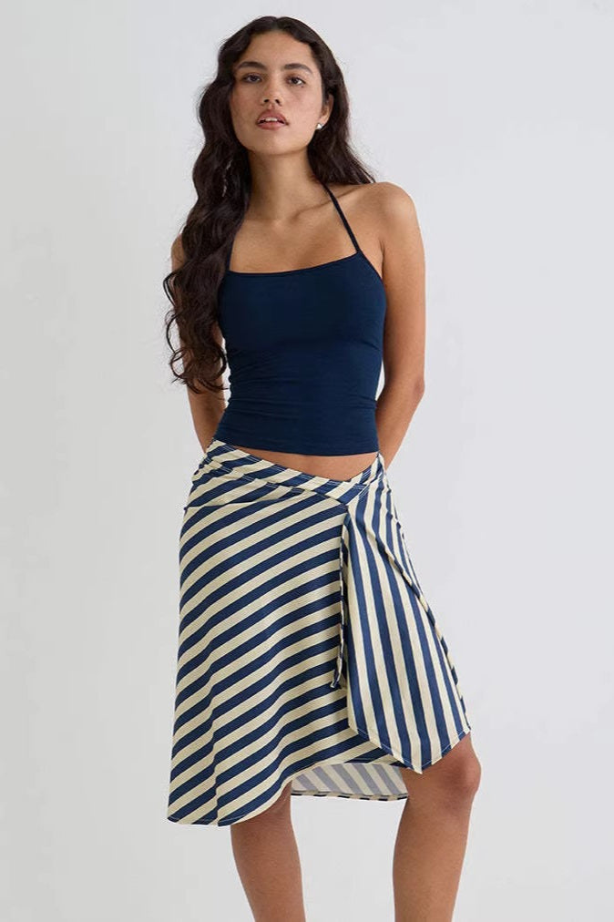 Woman wearing the plaid asymmetric midi skirt