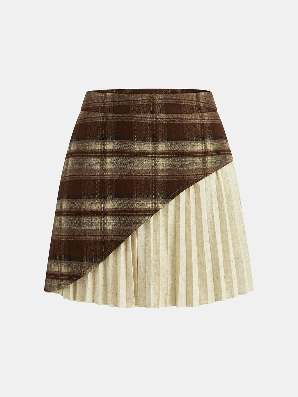 Woman wearing the plaid asymmetric pleated mini skirt