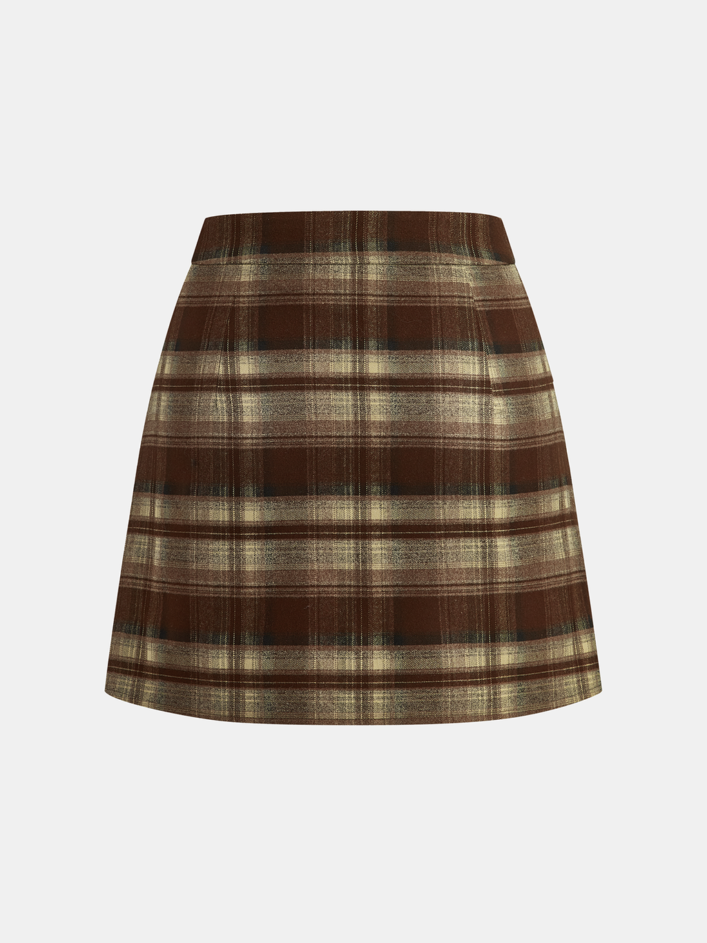 Front view of the plaid asymmetric pleated mini skirt