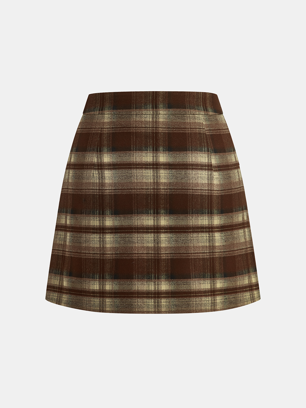 Front view of the plaid asymmetric pleated mini skirt