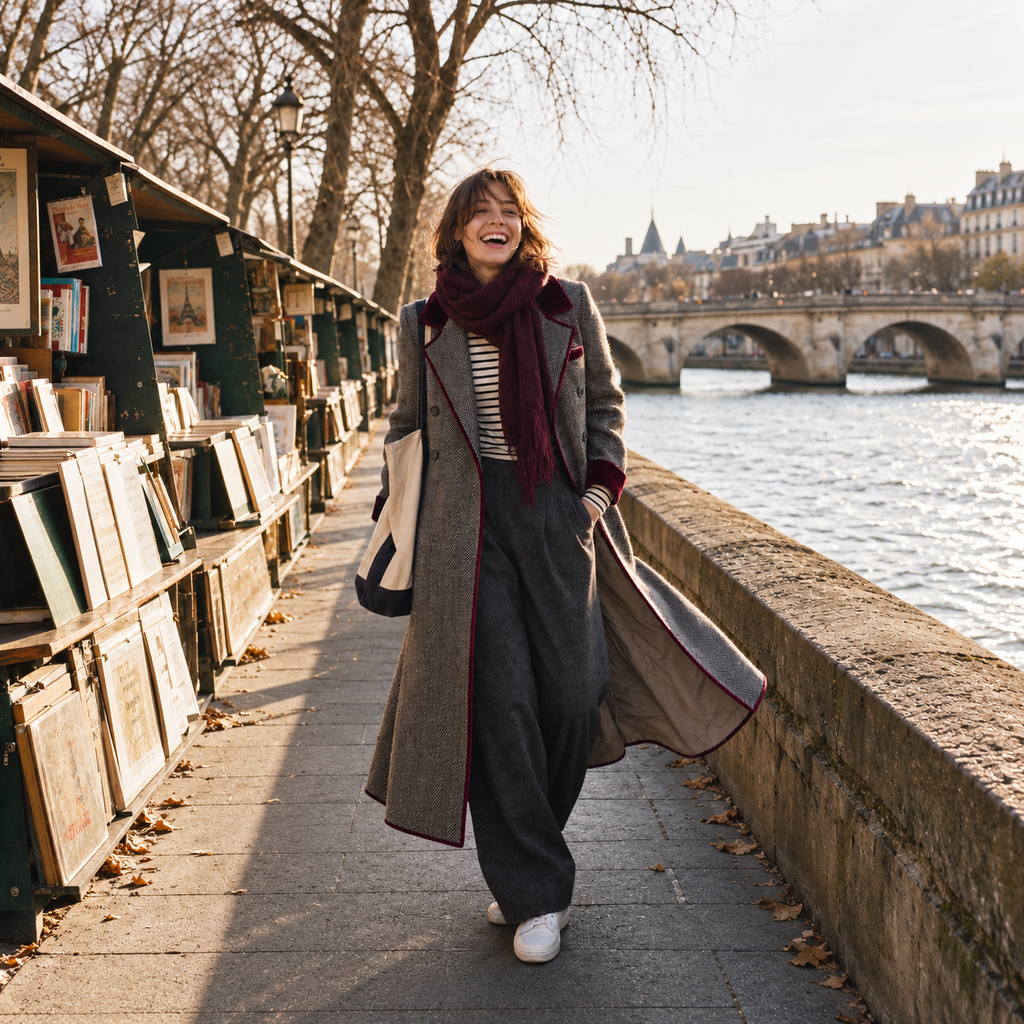 The Heritage | Elegant Herringbone Wool Long Coat with Velvet Trim