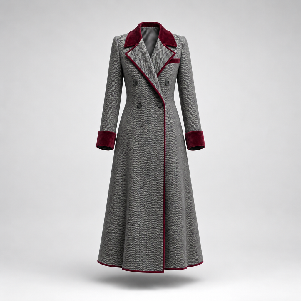 The Heritage | Elegant Herringbone Wool Long Coat with Velvet Trim