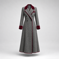 The Heritage | Elegant Herringbone Wool Long Coat with Velvet Trim