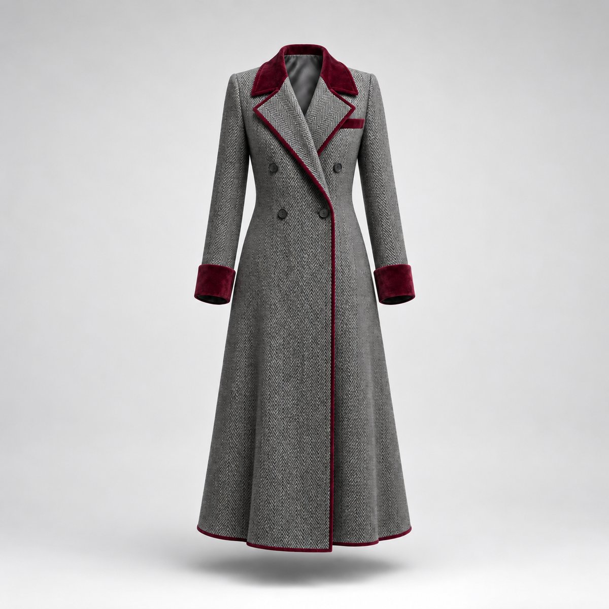 The Heritage | Elegant Herringbone Wool Long Coat with Velvet Trim