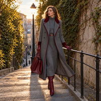 The Heritage | Elegant Herringbone Wool Long Coat with Velvet Trim