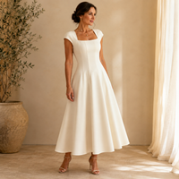 Elegant Satin Midi Dress for Women with Square Neck Cap Sleeve Fit and Flare Fall Wedding Guest Style - Susan & Anne