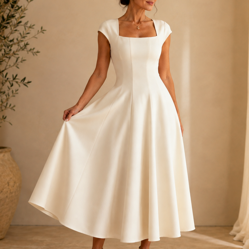 Elegant Satin Midi Dress for Women with Square Neck Cap Sleeve Fit and Flare Fall Wedding Guest Style - Susan & Anne
