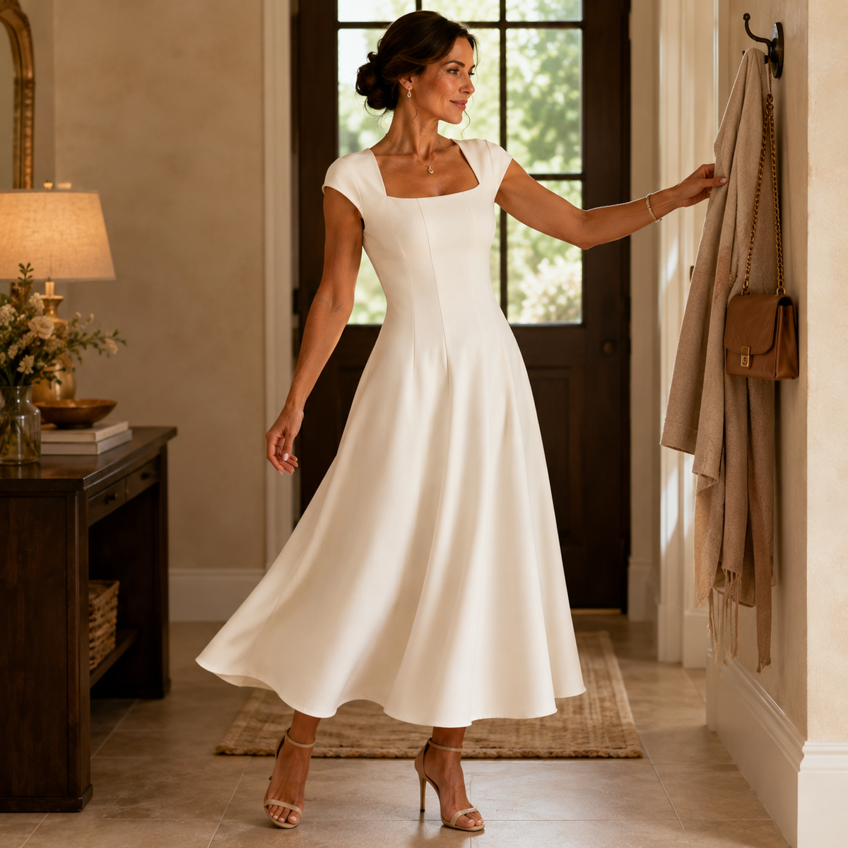 Elegant Satin Midi Dress for Women with Square Neck Cap Sleeve Fit and Flare Fall Wedding Guest Style - Susan & Anne