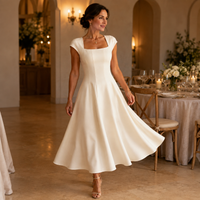 Elegant Satin Midi Dress for Women with Square Neck Cap Sleeve Fit and Flare Fall Wedding Guest Style - Susan & Anne