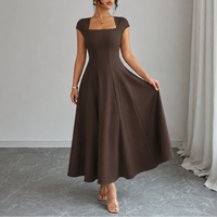 Elegant Satin Midi Dress for Women with Square Neck Cap Sleeve Fit and Flare Fall Wedding Guest Style - Susan & Anne