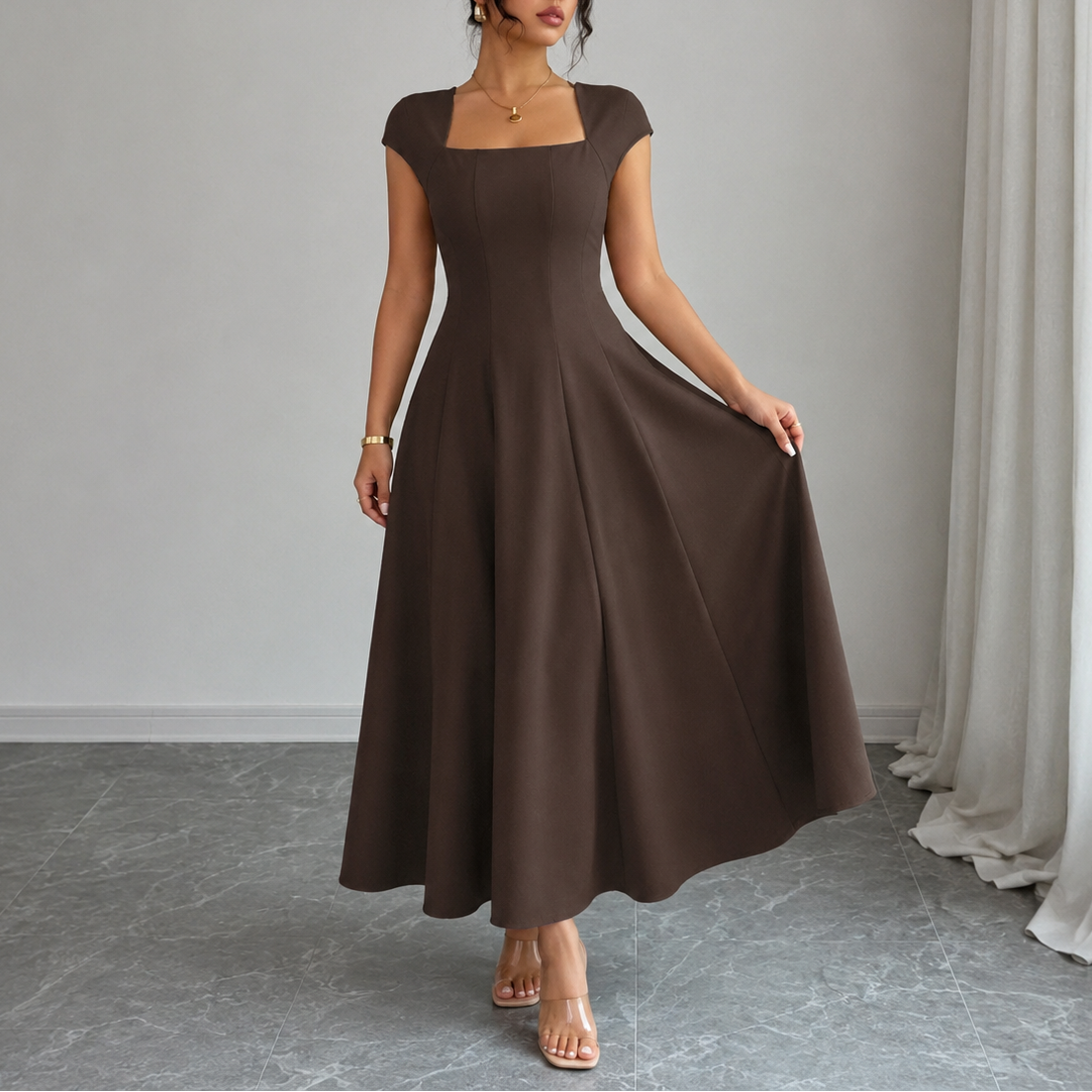 Elegant Satin Midi Dress for Women with Square Neck Cap Sleeve Fit and Flare Fall Wedding Guest Style - Susan & Anne