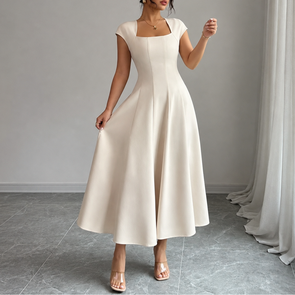 Elegant Satin Midi Dress for Women with Square Neck Cap Sleeve Fit and Flare Fall Wedding Guest Style - Susan & Anne