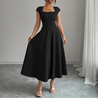 Elegant Satin Midi Dress for Women with Square Neck Cap Sleeve Fit and Flare Fall Wedding Guest Style - Susan & Anne