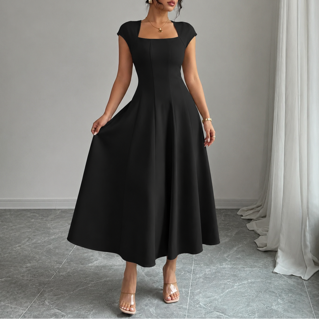 Elegant Satin Midi Dress for Women with Square Neck Cap Sleeve Fit and Flare Fall Wedding Guest Style - Susan & Anne