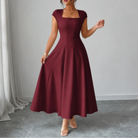 Elegant Satin Midi Dress for Women with Square Neck Cap Sleeve Fit and Flare Fall Wedding Guest Style - Susan & Anne