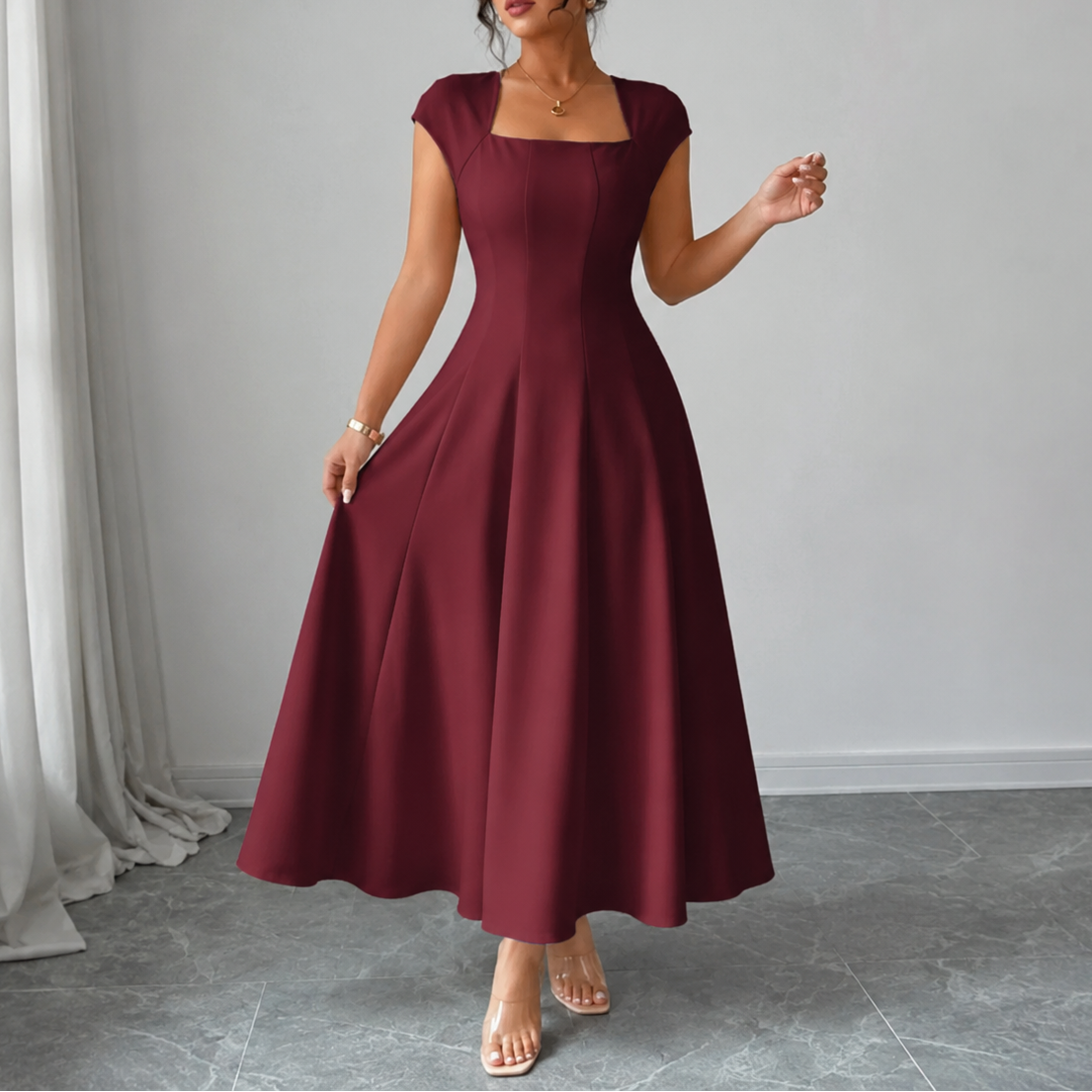 Elegant Satin Midi Dress for Women with Square Neck Cap Sleeve Fit and Flare Fall Wedding Guest Style - Susan & Anne