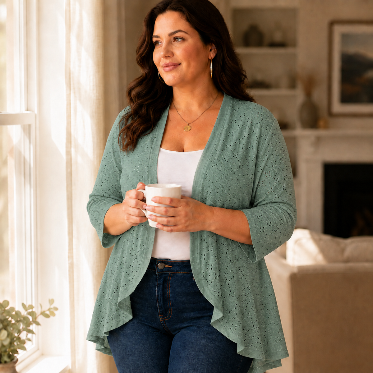 Lightweight Eyelet Open-Front Cardigan for Women, 3/4 Sleeve Ruffle Hem Summer Layer - Susan & Anne