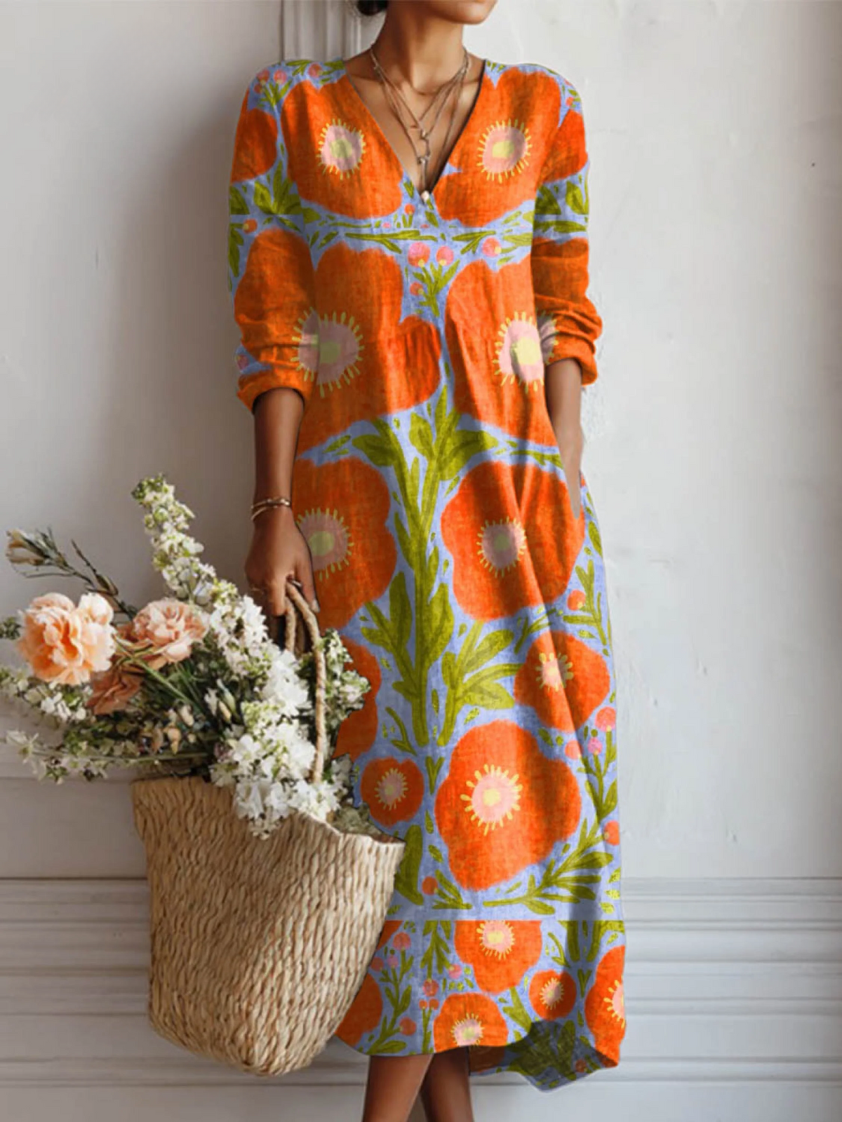 Bohemian Flow V-Neck Midi Dress