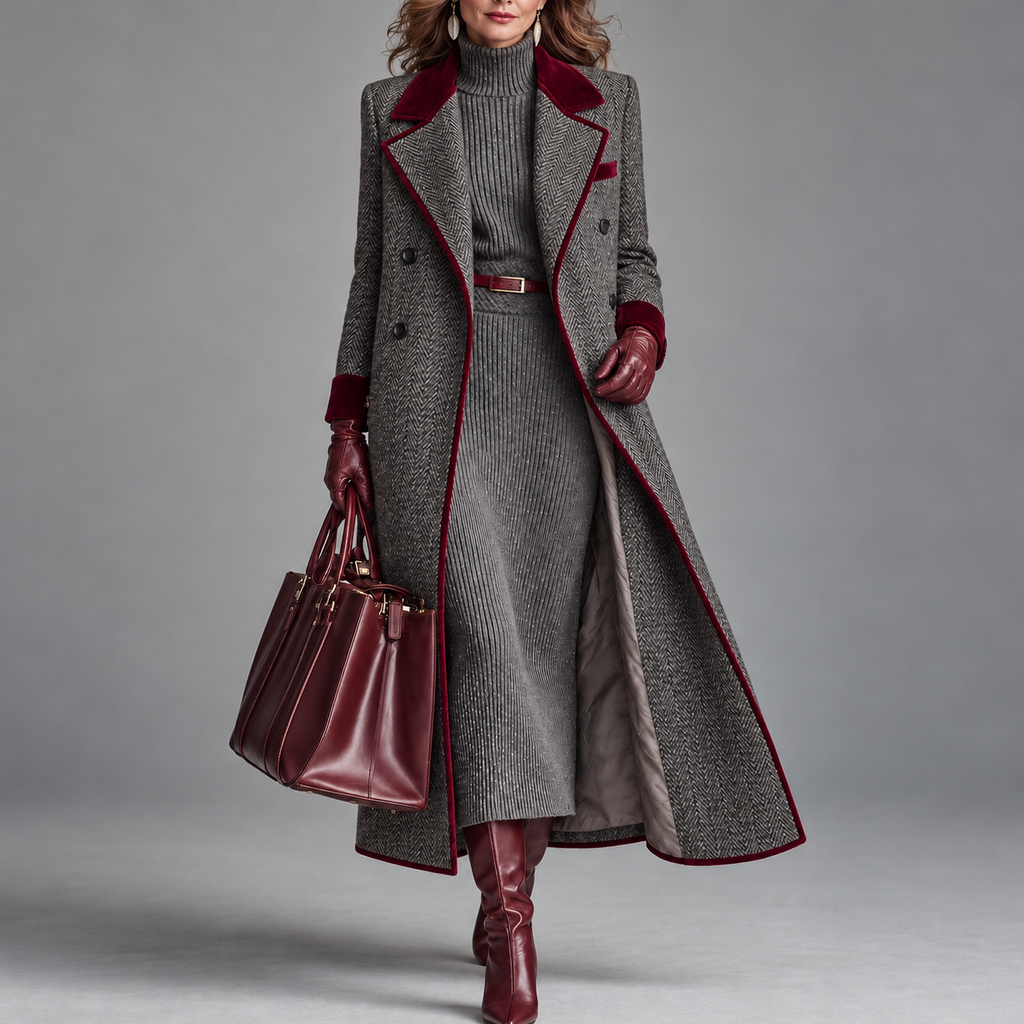 The Heritage | Elegant Herringbone Wool Long Coat with Velvet Trim