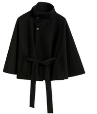 Elegant Wool Jacket for Women with Funnel Neck Batwing Sleeve Belted Cape Style - Susan & Anne