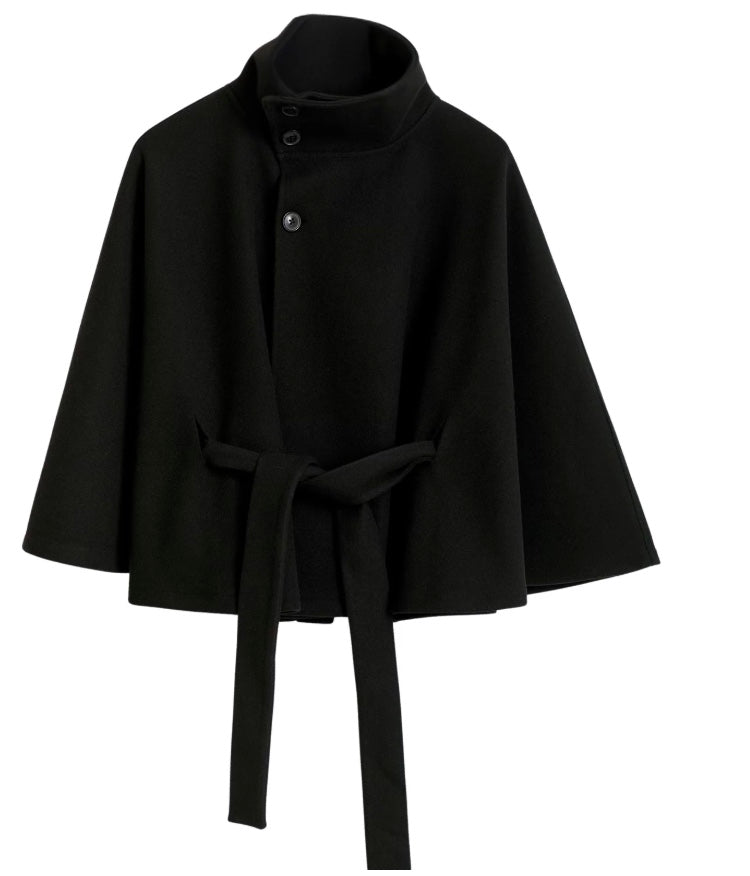 Elegant Wool Jacket for Women with Funnel Neck Batwing Sleeve Belted Cape Style - Susan & Anne