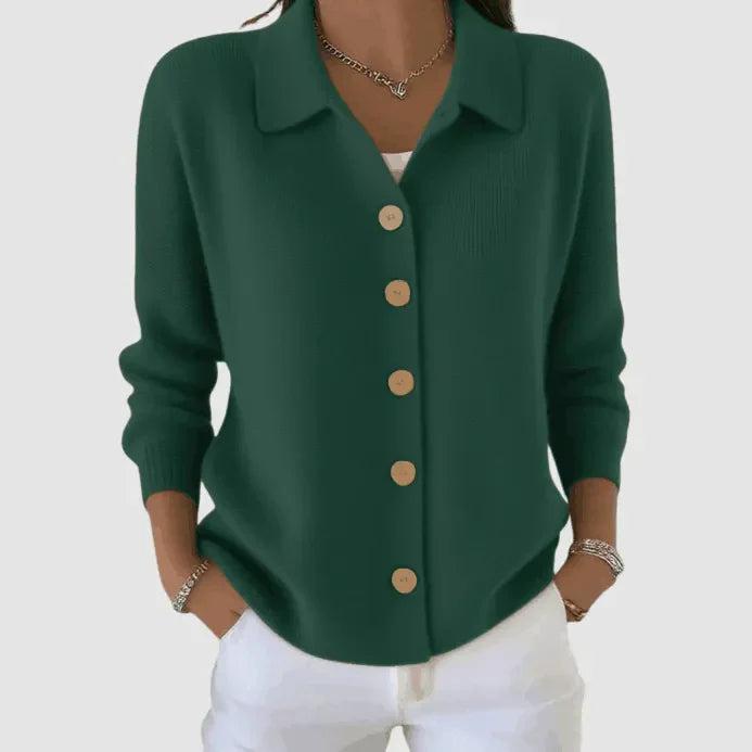 Detail of the alexandra button-up knit cardigan