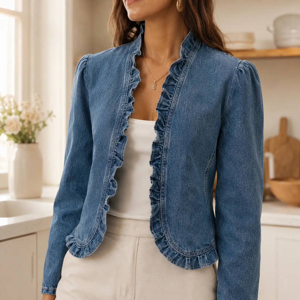 Open Front Ruffle Trim Denim-look Jacket for Women - Susan & Anne