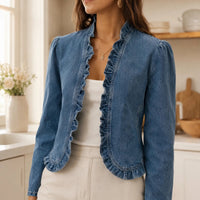 Open Front Ruffle Trim Denim-look Jacket for Women - Susan & Anne