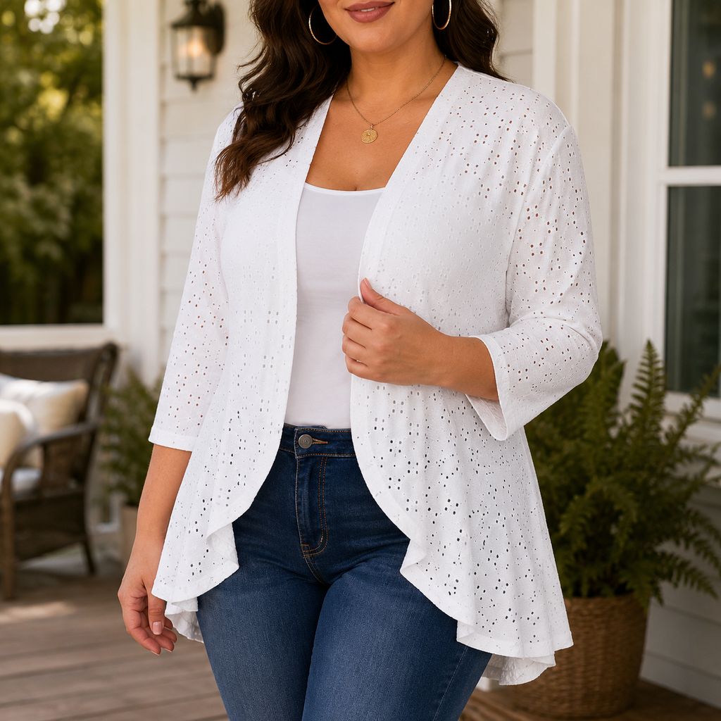 Lightweight Eyelet Open-Front Cardigan for Women, 3/4 Sleeve Ruffle Hem Summer Layer - Susan & Anne