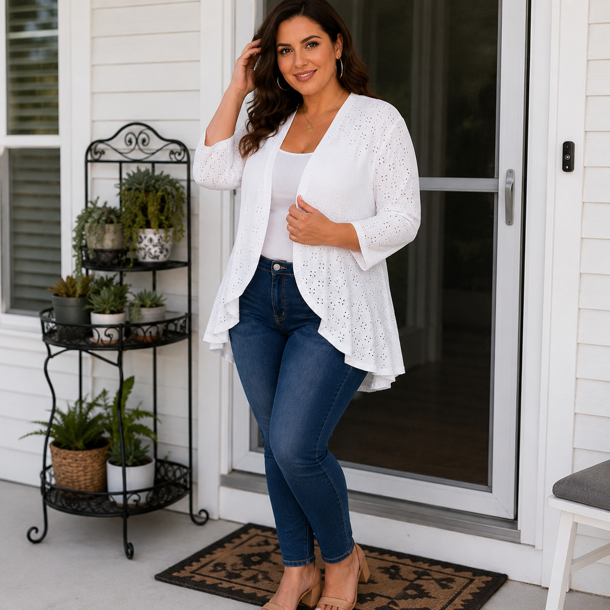 Lightweight Eyelet Open-Front Cardigan for Women, 3/4 Sleeve Ruffle Hem Summer Layer - Susan & Anne